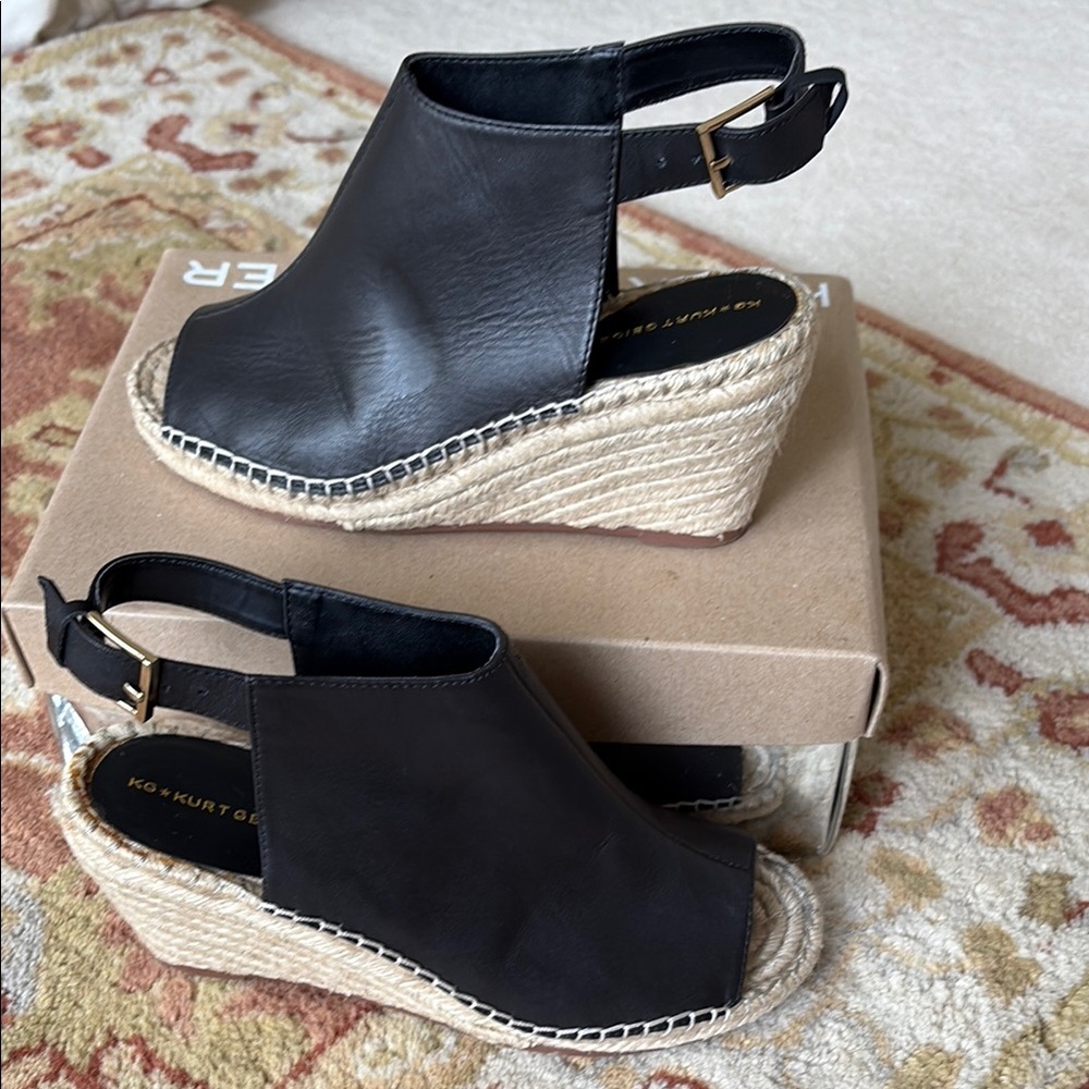 Kurt Geiger British Luxury Blk Leather Espadrille Wedge Sandals EUC worn 2x’s